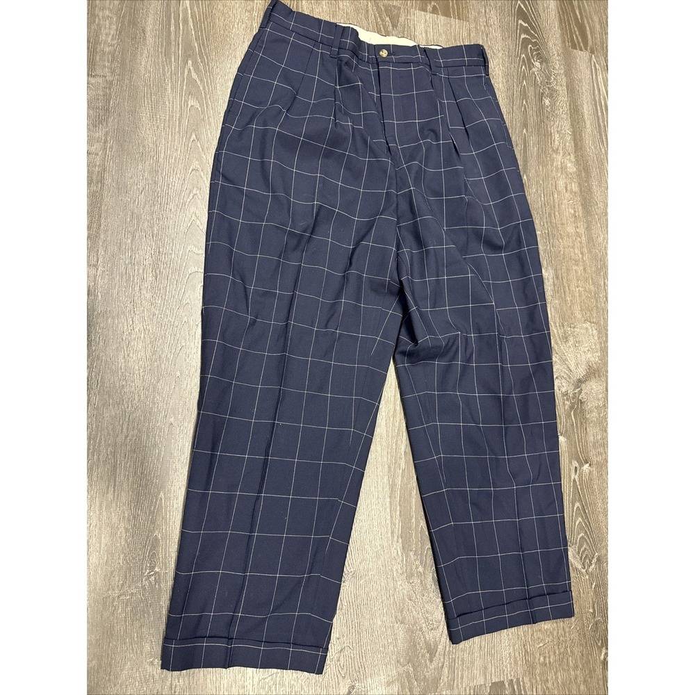 Tommy Hilfiger Pants Men 35x28 Windowpane Plaid Pleated Cuffed Trousers Vtg 90s